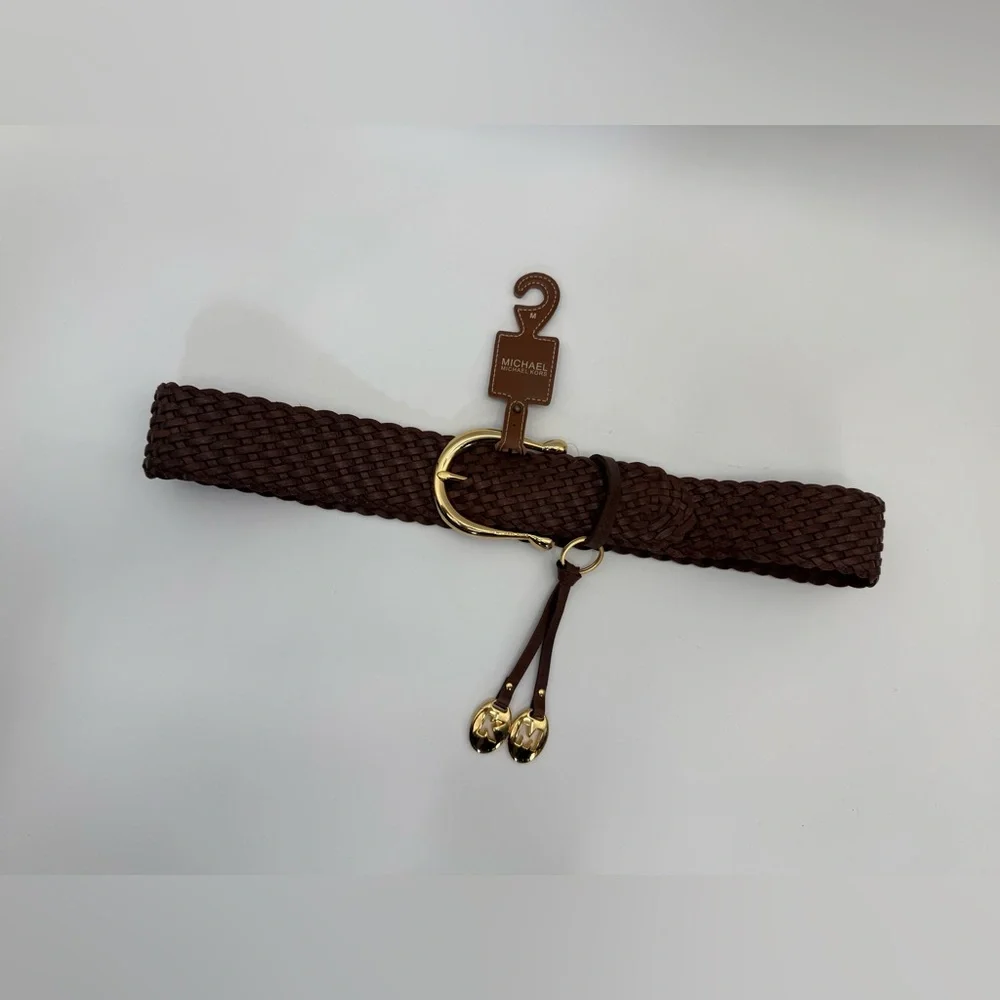 Michael Kors Brown Braided Leather Belt Gold Buckle Tassel Charm Boho Chic SZ M